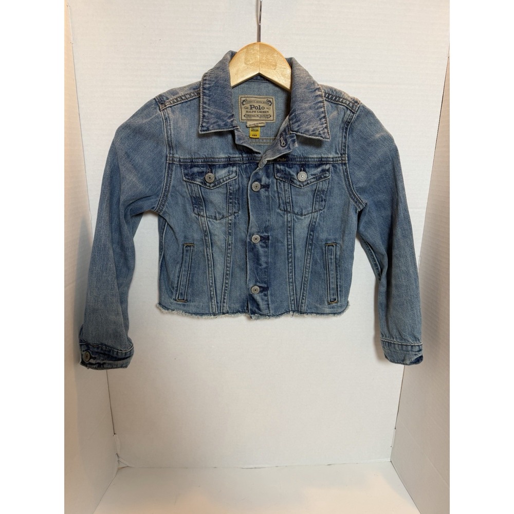 Polo Ralph Lauren Jacket Girl 8 Blue Denim Trucker Y2K Polo Spellout Raw Hem 232